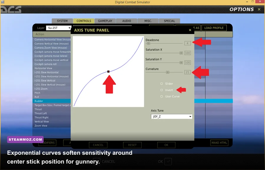 In-game axis tuning menu showing an exponential S-curve applied to the pitch and roll axes