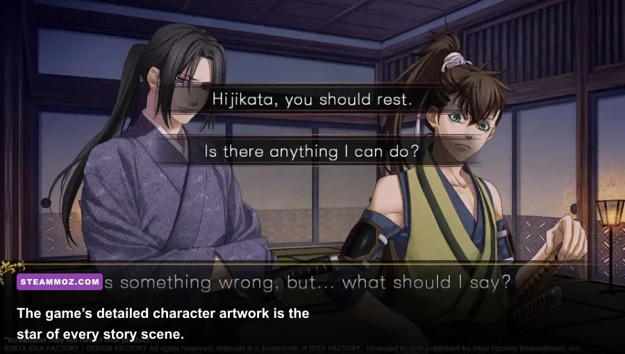 Hakuoki Edo Blossoms dialogue scene featuring Hijikata Toshizo