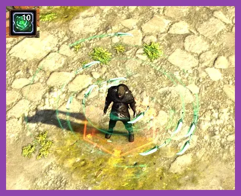 Trickster casting Blade Vortex with toxic clouds