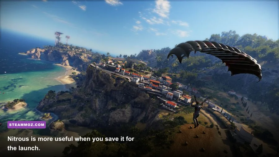 Sports car using nitrous to jump from a mountain road in Just Cause 3
