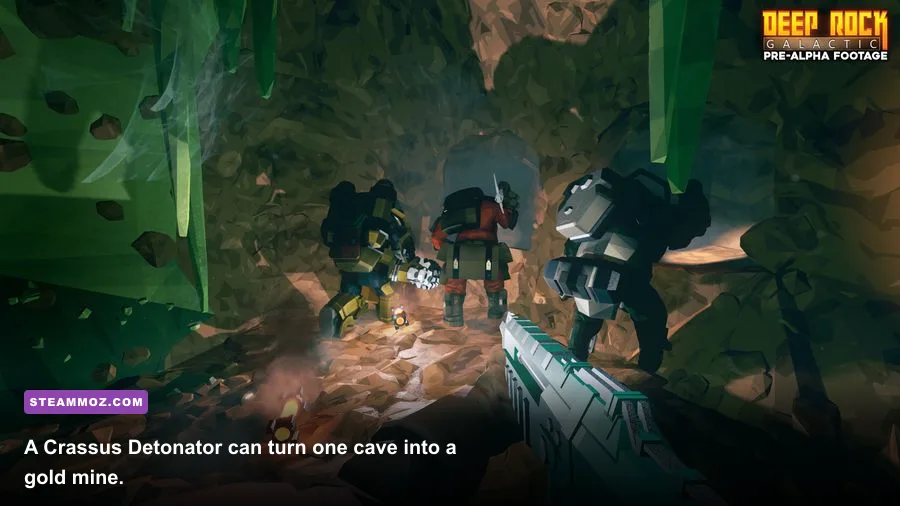 A Crassus Detonator coating a Deep Rock Galactic cave in gold