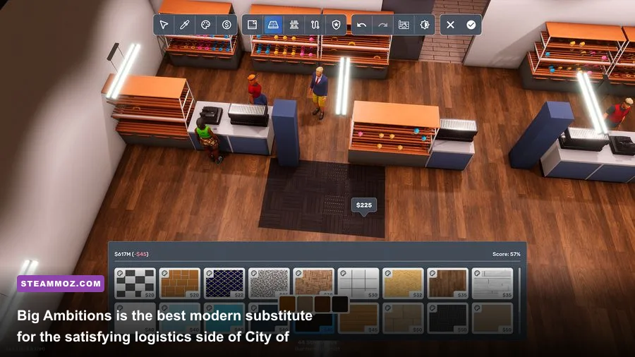 Big Ambitions gameplay showing New York businesses, inventory, and logistics