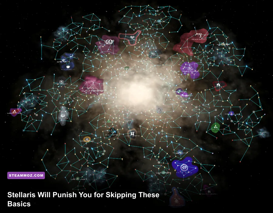 Stellaris galaxy map showing an expanding space empire and neighboring borders