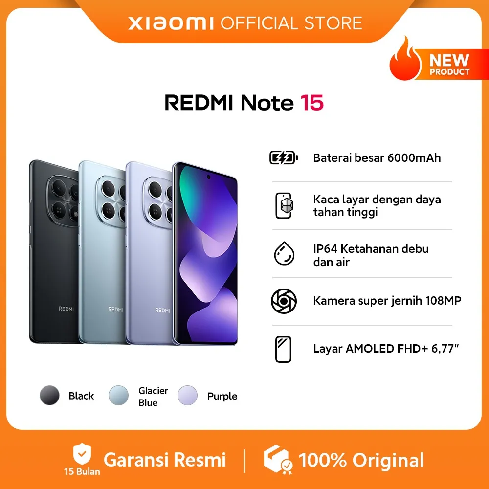 Xiaomi Redmi Note 15 (6/128 GB) (8/128 GB) (8/256 GB) / Baterai besar 6000mAh / Kaca layar dengan daya tahan tinggi / IP64 Ketahanan debu dan air / Kamera super jernih 108MP / Layar AMOLED FHD+ 6,77" / NFC [Xiaomi Official Store]