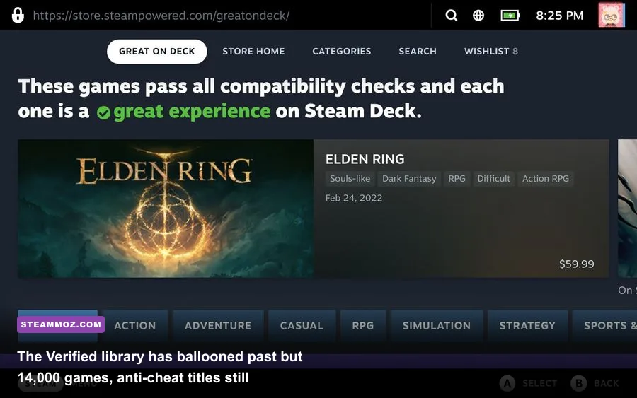 Steam Deck verified games library interface showing playable titles
