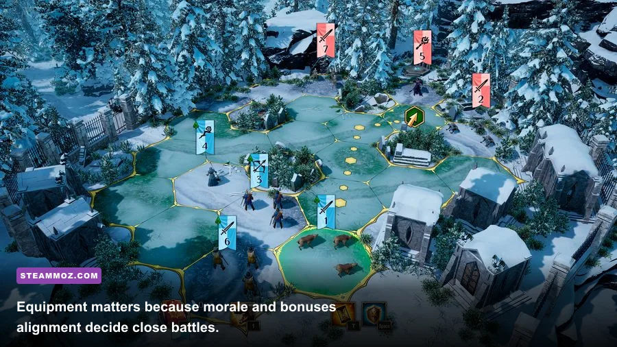 King's Bounty II combat interface showing army morale and alignment effects