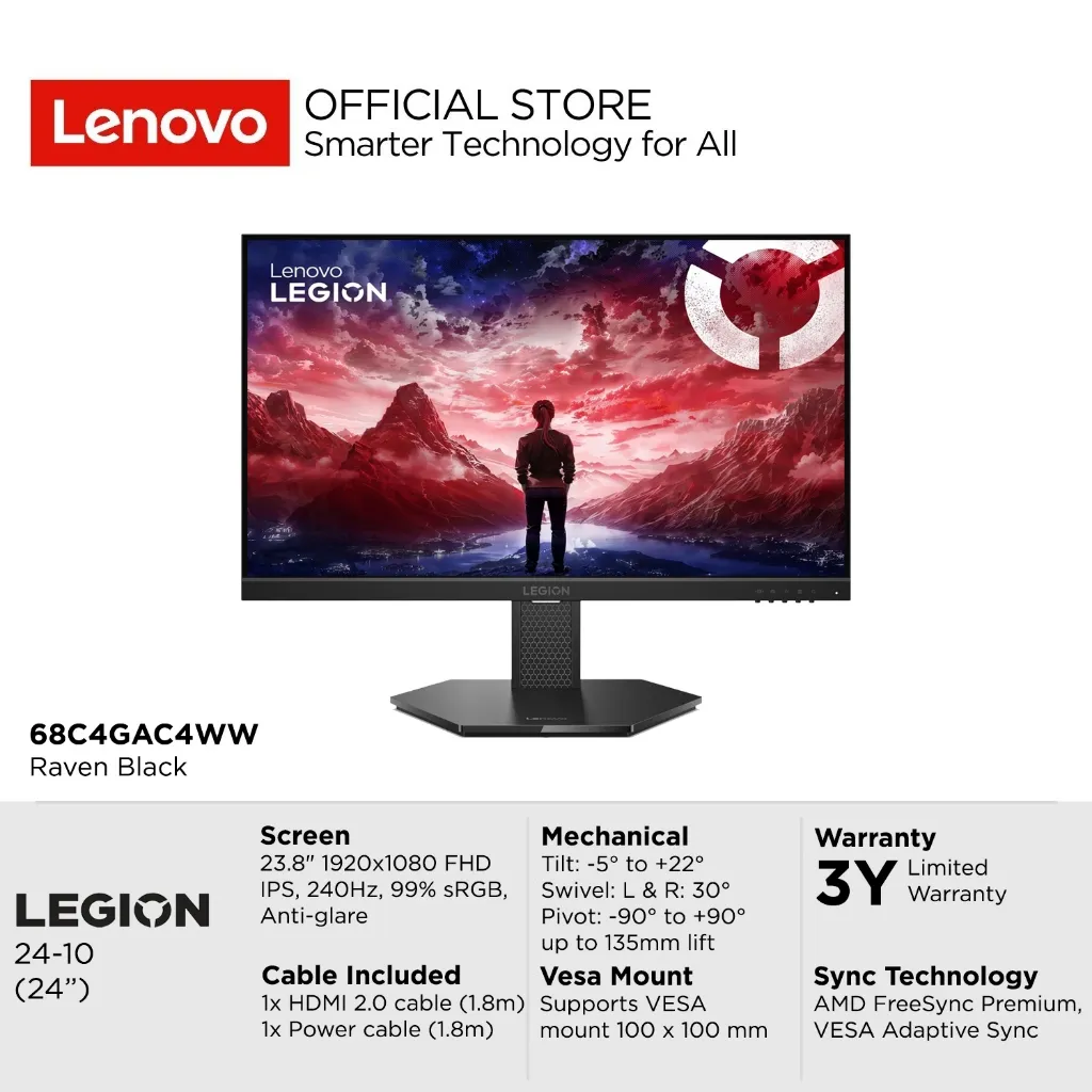 Lenovo Monitor Gaming Legion 24-10 C4WW 23.8" FHD IPS 3-side NearEdgeless WLED 240Hz 99% sRGB Antiglare Tilt, Swivel, Pivot, Height Adjust Stand VESA Mount HDMI DisplayPort AMD FreeSync Premium Monitor 24inch 68C4GAC4WW Raven Black Garansi Resmi