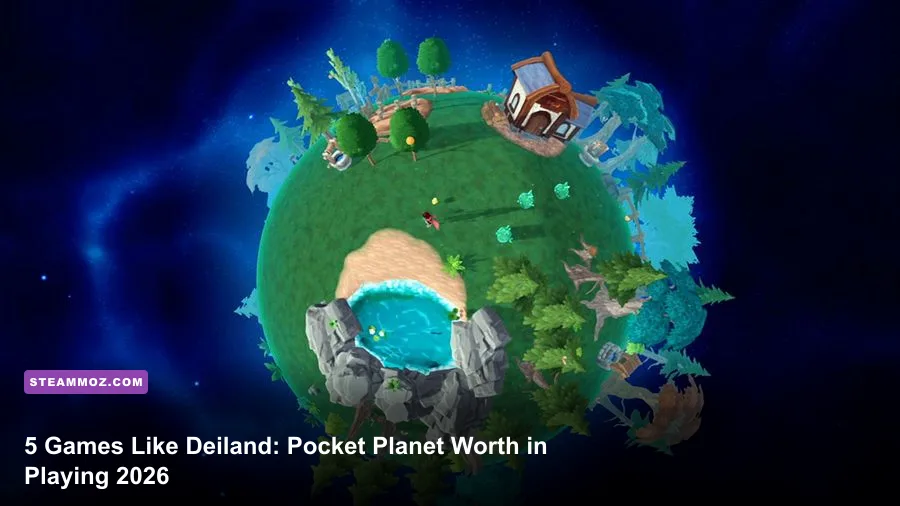 Deiland Pocket Planet gameplay showing a small colorful planet, crops, buildings, and the character Arco
