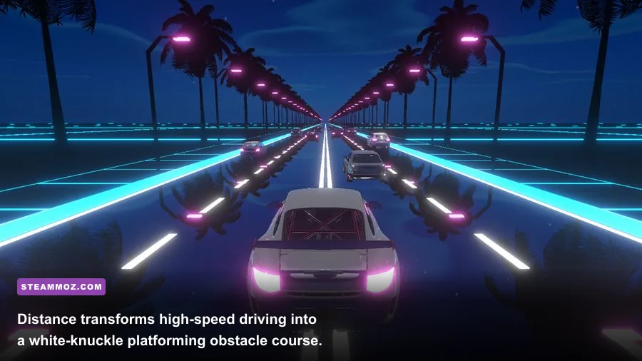 Futuristic vehicle using ceiling thrusters to dodge lasers and hazards in Distance
