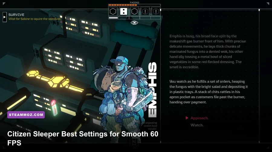 Citizen Sleeper pixel-art gameplay inside the Erlin's Eye orbital station