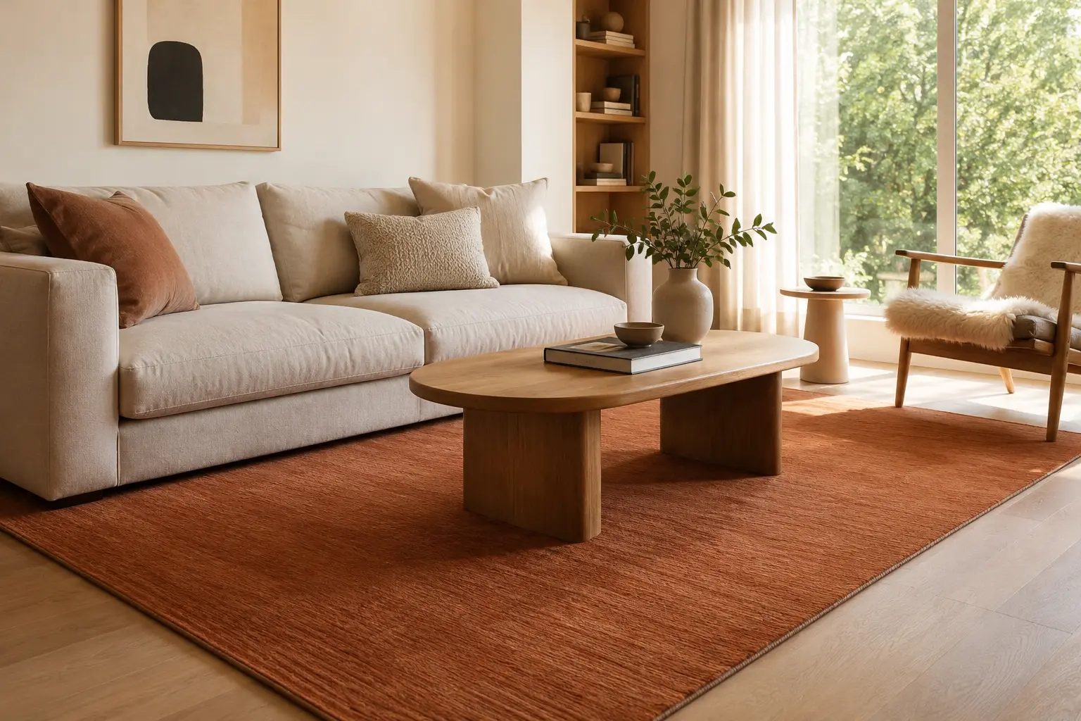 living room with a neutral sofa and a warm-toned area rug creating a coordinated color palette