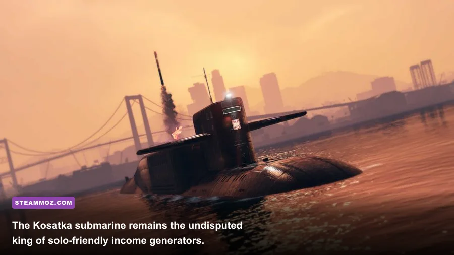 Rune Kosatka submarine parked offshore ready for the Cayo Perico Heist in GTA Online