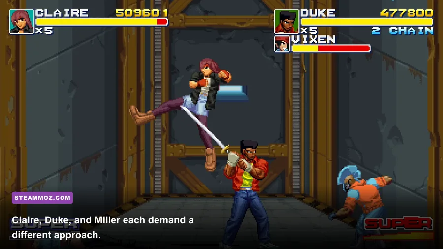 Final Vendetta character select screen showing Claire Duke and Miller