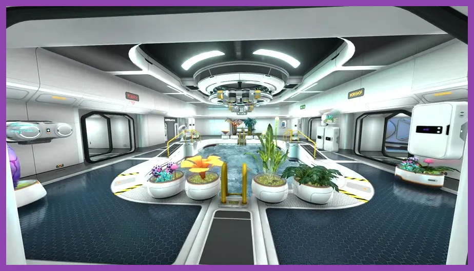 Subnautica 2 underwater base interior with glass compartments