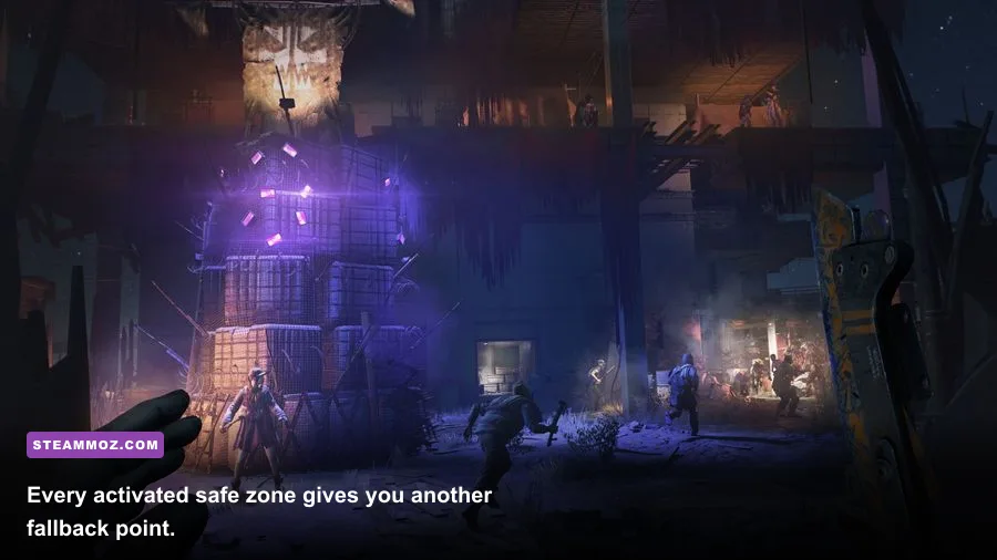 Dying Light safe zone glowing with UV lights in Harran at night