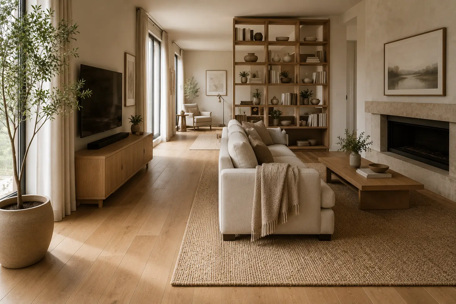 narrow long living room divided into distinct furniture zones