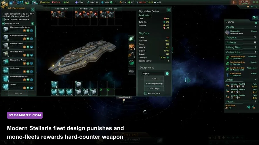 Stellaris ship designer window showing weapon slots and defensive shields