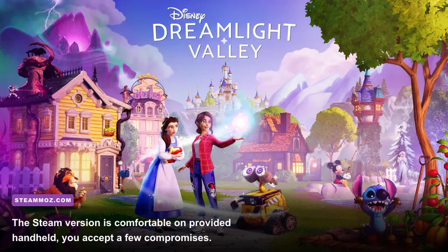 Disney Dreamlight Valley running on Steam Deck in a decorated village at sunset