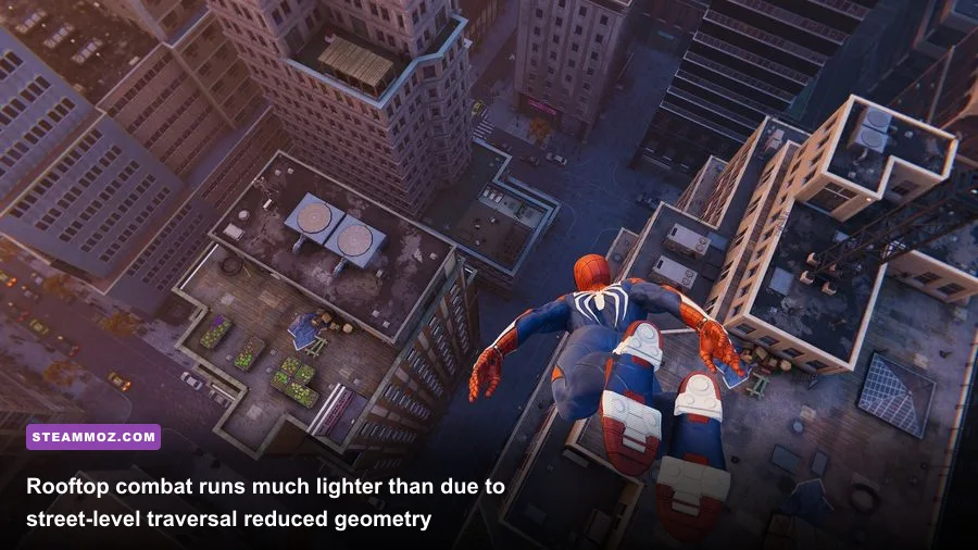 Spider-Man executing an aerial combat combo on a rooftop in Marvel's Spider-Man Remastered