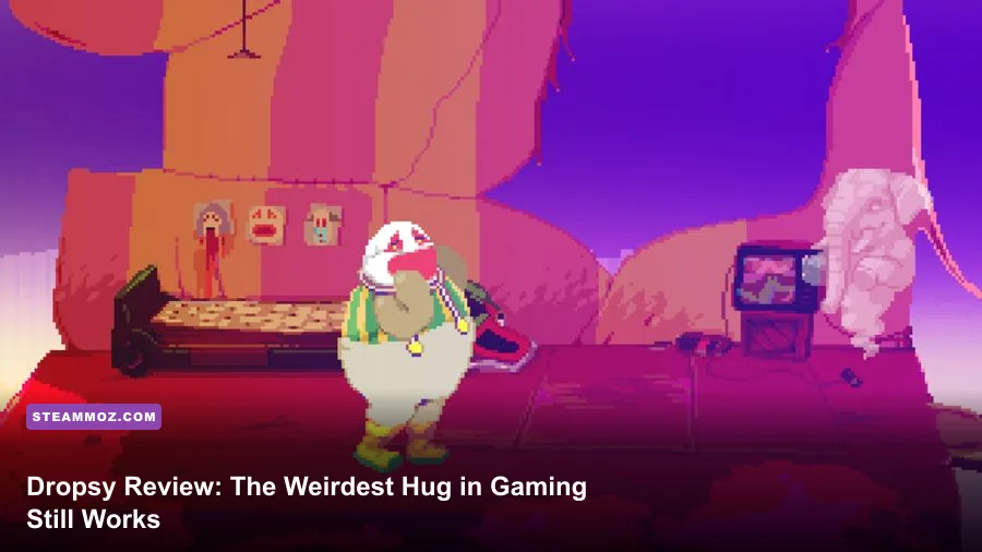 Dropsy the clown standing in a colorful forest in the point-and-click adventure game