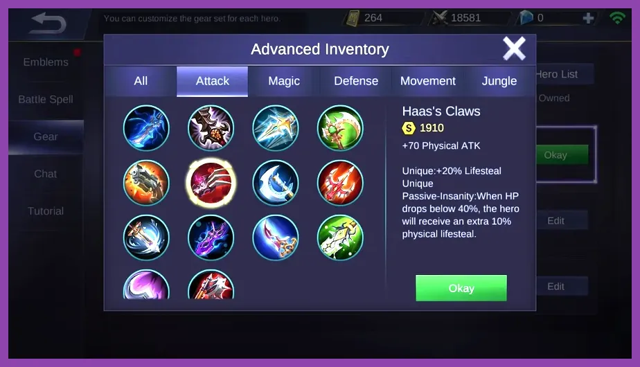 Mobile Legends player adjusting item builds against enemy composition