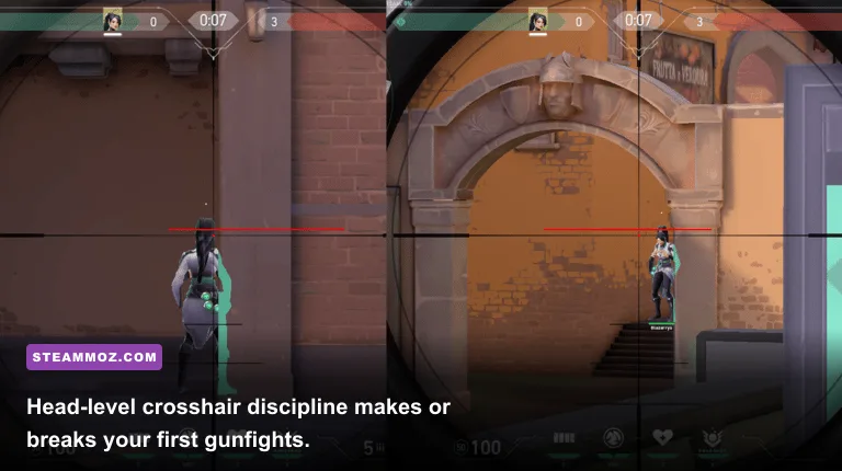 Player practicing crosshair placement at head height in the Valorant Range