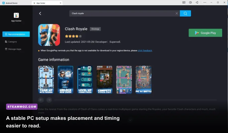 Clash Royale running on a PC with emulator controls and a full arena view