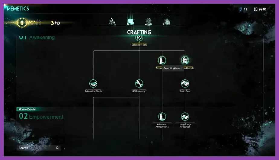 The Memetic tech tree interface displaying unlocked survival, crafting, and infrastructure nodes.