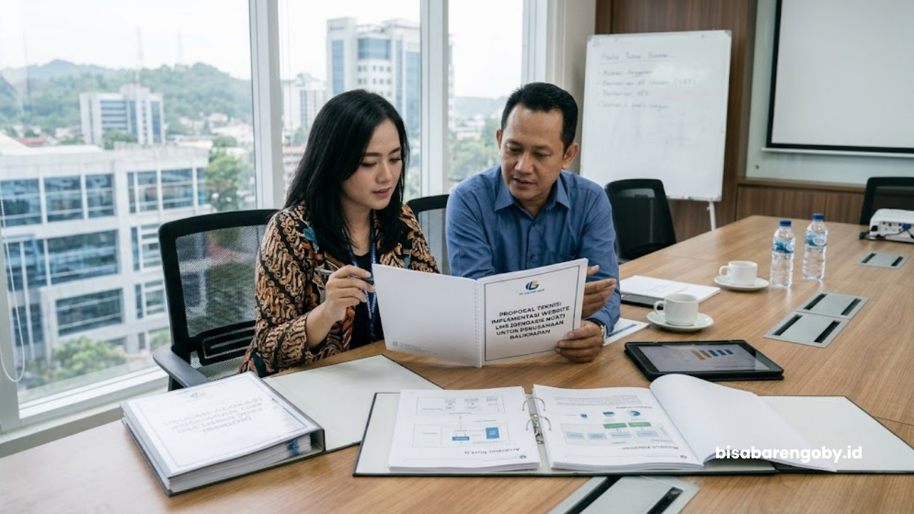 Manajer SDM dan operasional meninjau proposal teknis implementasi website LMS untuk perusahaan di Balikpapan berbasis Nuxt