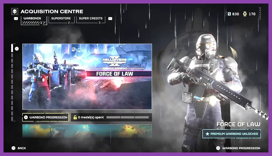 Helldivers 2 acquisitions interface showing Warbonds and medal rewards