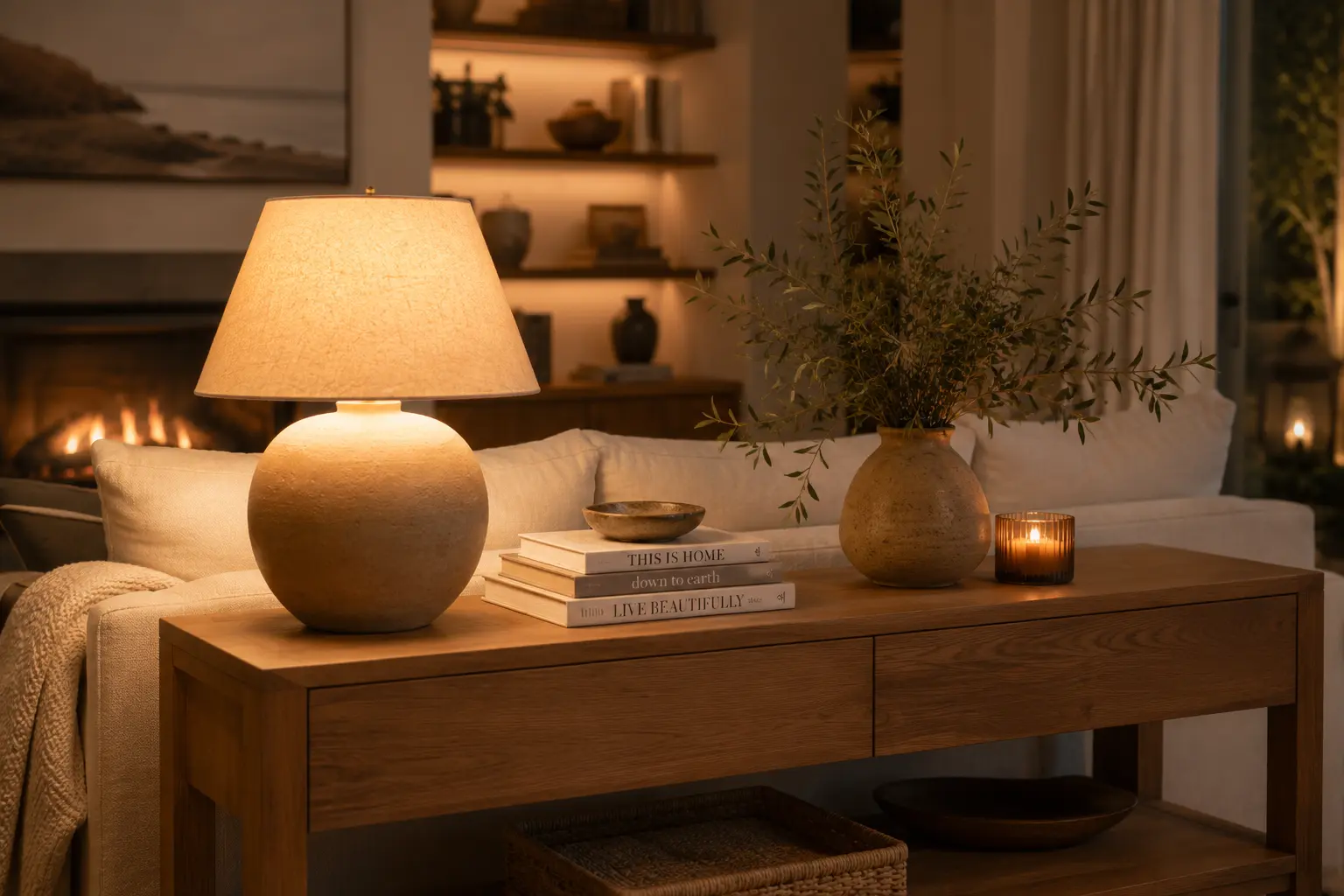 Table lamp glowing softly on a styled console table behind a sofa in the evening