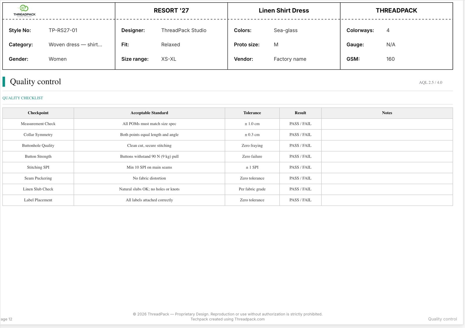 Tech pack page 12: quality control checklist
