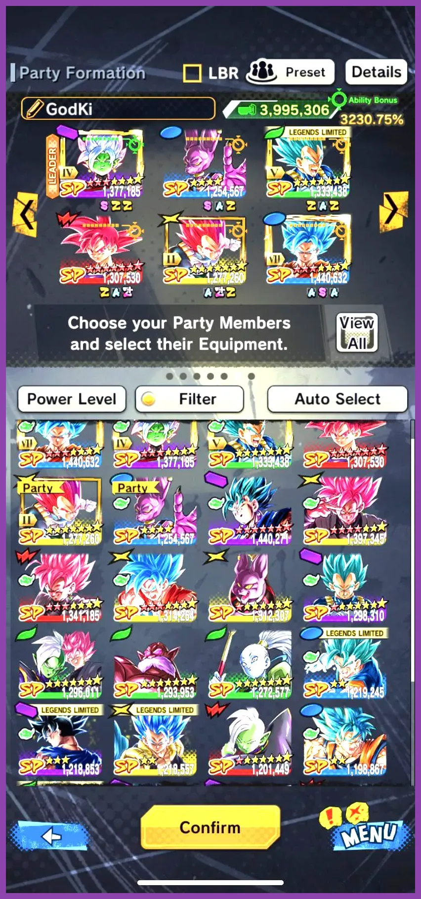 Dragon Ball Legends party edit screen highlighting Zenkai bench support cards and Z-abilities
