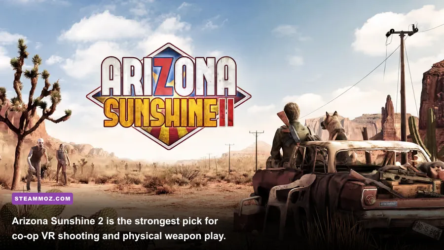 Arizona Sunshine 2 co-op VR gameplay with a shotgun, zombies, and the dog Buddy