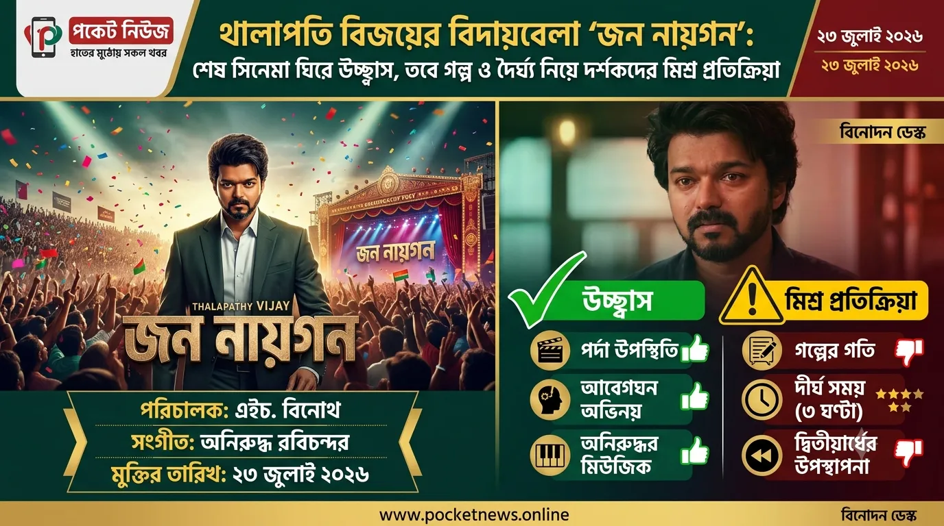 থালাপতি বিজয়ের বিদায়বেলা ‘জন নায়গন’: শেষ সিনেমা ঘিরে উচ্ছ্বাস, তবে গল্প ও দৈর্ঘ্য নিয়ে দর্শকদের মিশ্র প্রতিক্রিয়া থালাপতি বিজয়ের বিদায়বেলা ‘জন নায়গন’: শেষ সিনেমা ঘিরে উচ্ছ্বাস, তবে গল্প ও দৈর্ঘ্য নিয়ে দর্শকদের মিশ্র প্রতিক্রিয়া
