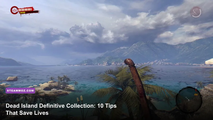 Dead Island Definitive Collection gameplay showing a survivor fighting zombies on a tropical beach