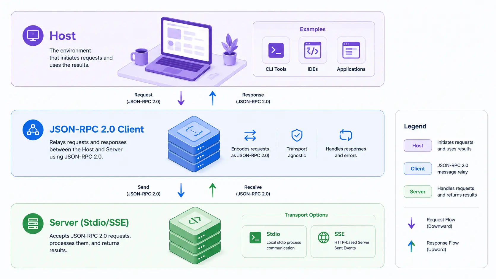 MCPのホスト、JSON-RPCクライアント、Stdioサーバー通信の階層構造図