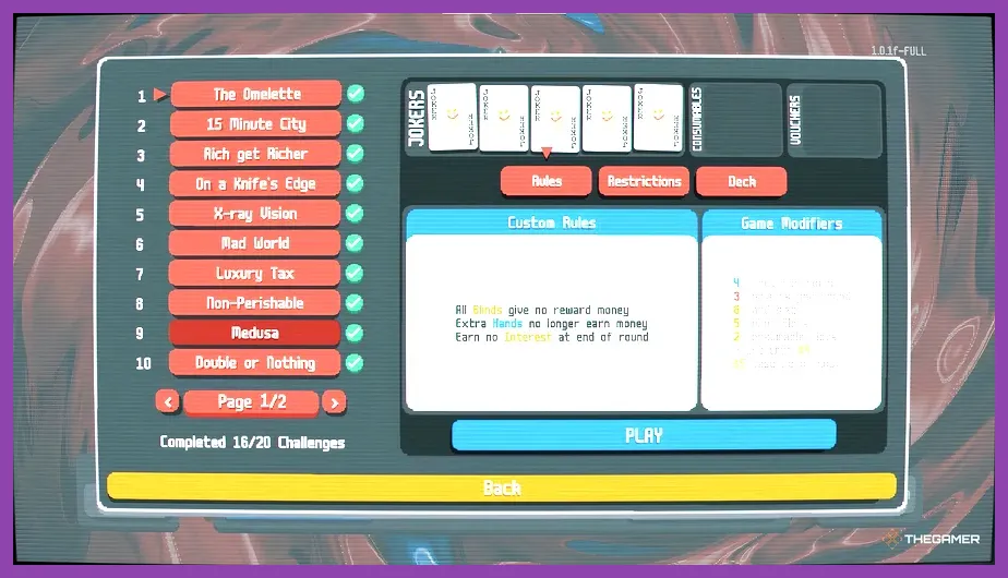 Balatro challenge menu screen displaying 20 unique unlockable runs
