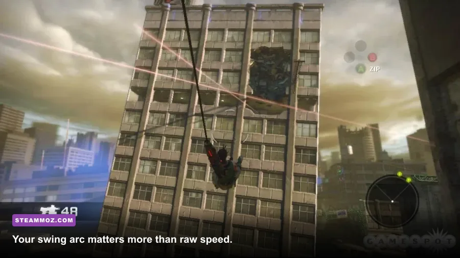 Bionic Commando grappling arm attached to a rooftop during a swing