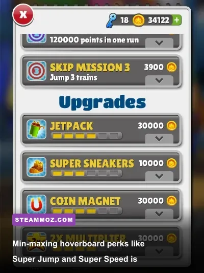 Subway Surfers character and hoverboard selection screen showing upgrade stats