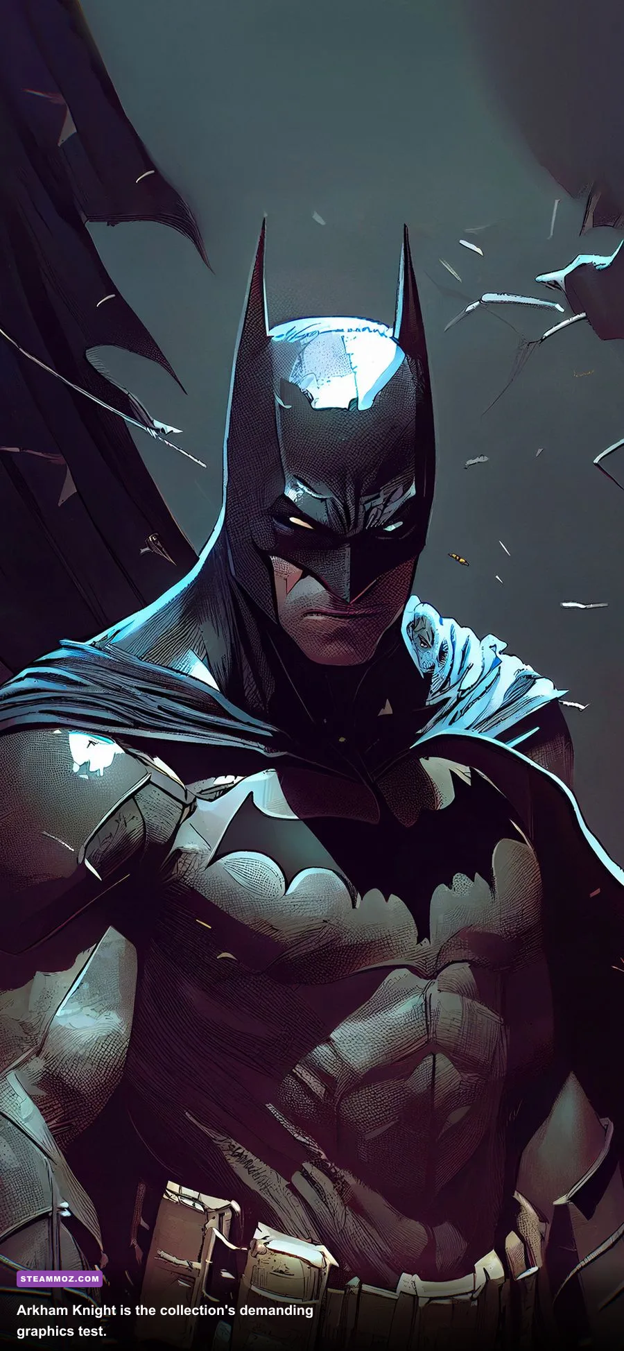 Batman driving the Batmobile through Gotham City in Arkham Knight