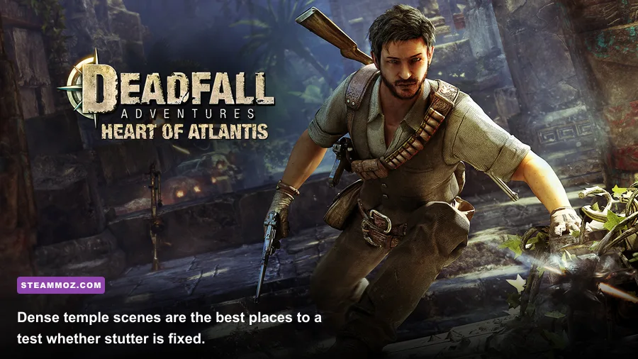 Allan Quatermain fighting enemies in a jungle temple in Deadfall Adventures