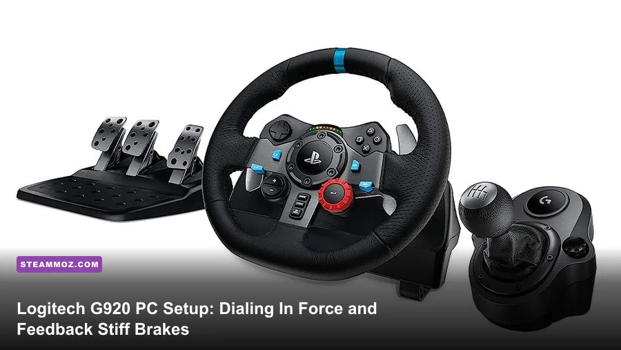 Logitech G920 Driving Force wheel and pedal set mounted on a gaming desk