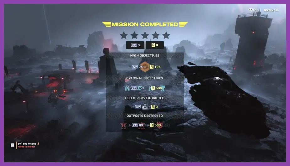 Helldivers 2 mission screen showing XP earned