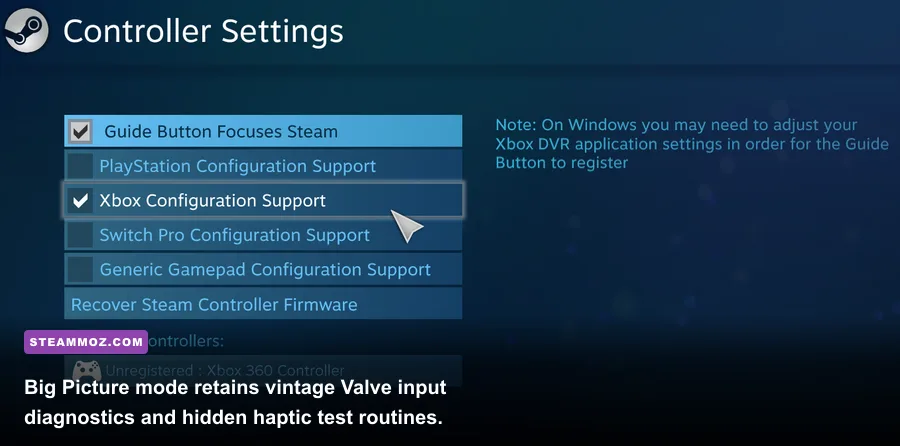 Steam Big Picture mode calibration and controller diagnostic screen