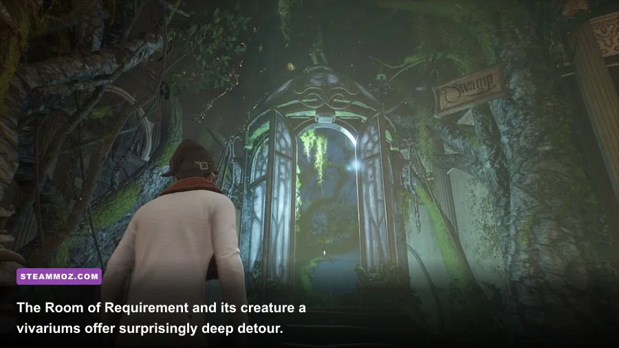 Interior of the Room of Requirement showing custom architecture and magical creature habitats