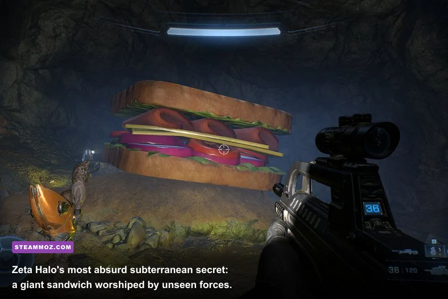 The oversized sandwich surrounded by glowing stones in a hidden cave on Zeta Halo
