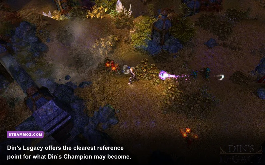 Din’s Legacy character build showing skills and equipment in an action RPG interface