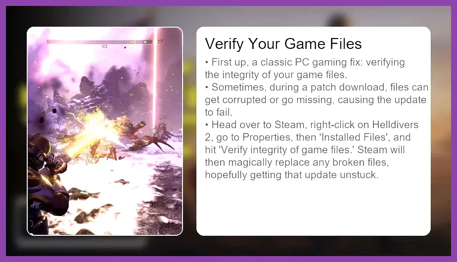 Steam properties window showing Verify Integrity of Game Files button for Helldivers 2