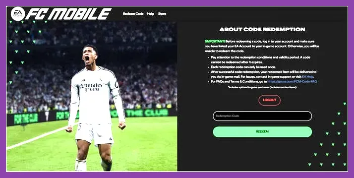 Official EA FC Mobile code redemption web page